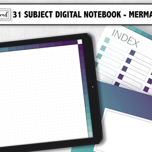 May include: A digital notebook with a mermaid theme. The notebook has a dotted grid background and a teal and purple color scheme. The notebook includes an index page with a list of subjects.