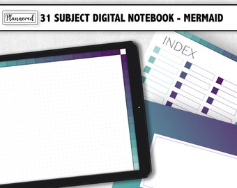 Digital 31 Subject Notebook, Mermaid colors, Teal to purple, Landscape Digital Notebook for goodnotes, Basic Hyperlink notebook for ipad