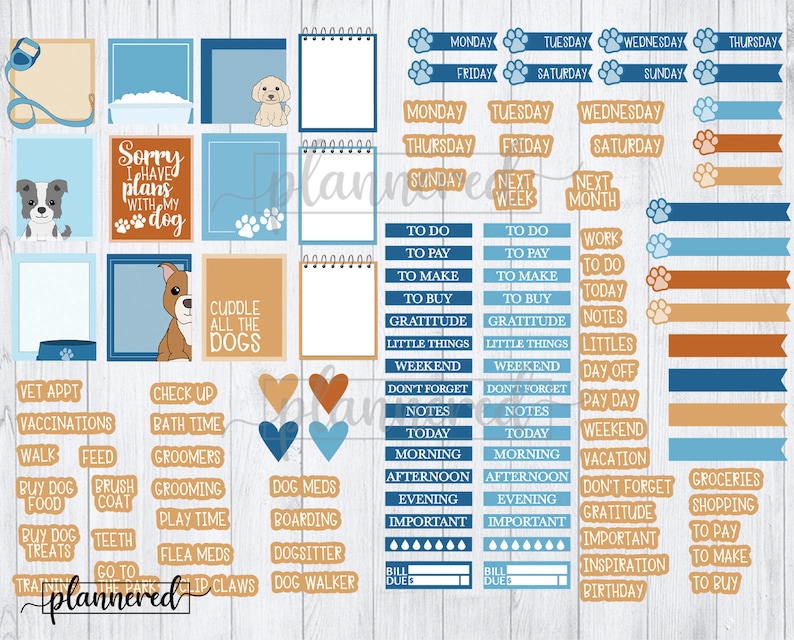 Puede incluir: Un conjunto de pegatinas imprimibles para planificadores con ilustraciones y texto con tem&aacute;tica de perros. Las pegatinas son de varios colores, incluidos el azul, el marr&oacute;n, el naranja y el blanco. Las pegatinas incluyen frases como "Cuddle All The Dogs", "Vet Appt", "Check Up", "Groomers", "Dog Meds", "Boarding", "Dog Sitter", "Dog Walker", "To Do", "To Pay", "To Make", "To Buy", "Gratitude", "Little Things", "Weekend", "Don't Forget", "Notes", "Today", "Morning", "Afternoon", "Evening", "Important", "Bill Due", "Vacation", "Don't Forget Gratitude", "Important", "Inspiration", "Birthday", "Groceries", "Shopping", "To Pay", "To Make", "To Buy".