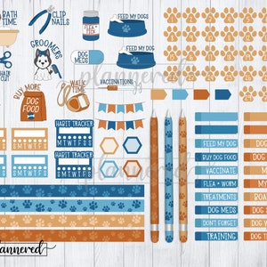 Puede incluir: Un conjunto de pegatinas de planificador imprimibles con tem&aacute;tica de perros en colores azul, naranja y marr&oacute;n. Las pegatinas incluyen una variedad de actividades relacionadas con los perros, como la hora del ba&ntilde;o, el aseo, el paseo, el juego y el entrenamiento. Las pegatinas tambi&eacute;n incluyen un calendario con huellas de patas, rastreadores de h&aacute;bitos y una variedad de otras pegatinas de planificador &uacute;tiles.