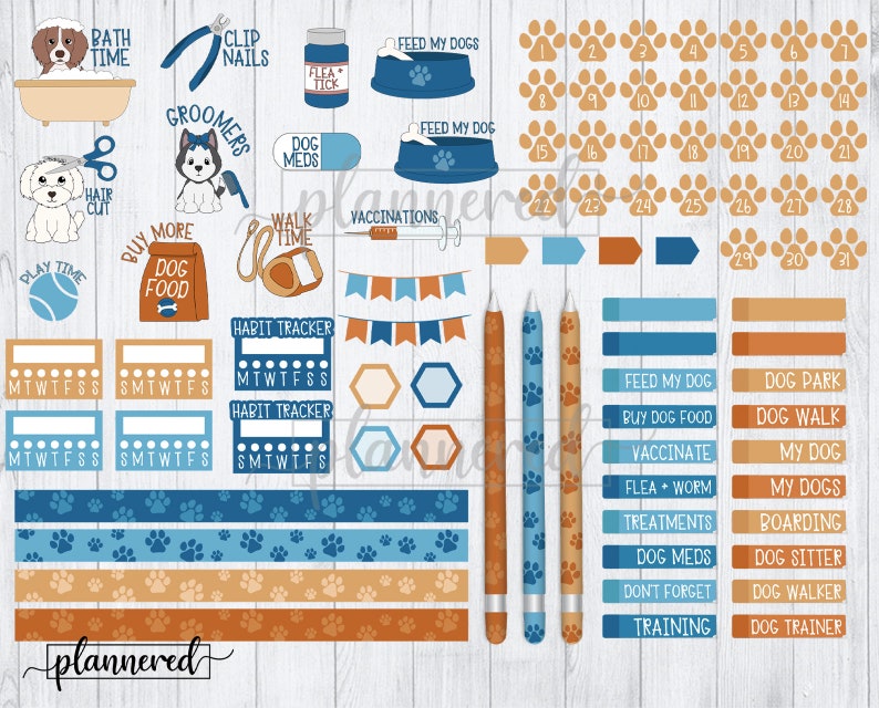 Puede incluir: Un conjunto de pegatinas de planificador imprimibles con tem&aacute;tica de perros en colores azul, naranja y marr&oacute;n. Las pegatinas incluyen una variedad de actividades relacionadas con los perros, como la hora del ba&ntilde;o, el aseo, el paseo, el juego y el entrenamiento. Las pegatinas tambi&eacute;n incluyen un calendario con huellas de patas, rastreadores de h&aacute;bitos y una variedad de otras pegatinas de planificador &uacute;tiles.