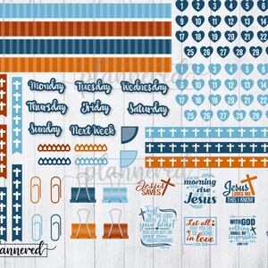 May include: A set of printable planner stickers with a Christian theme. The stickers feature crosses, bible verses, and inspirational quotes in blue, orange, and white. The stickers are designed to be used in a planner or journal.