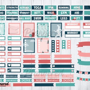 May include: A set of printable stickers for a planner or journal. The stickers are in various colours, including pink, blue, and green. The stickers feature words like "weights", "cardio", "yoga", "spin", "running", "gym", "workout", "cancelled", "rescheduled", "not today", "done", "nope", and "important".