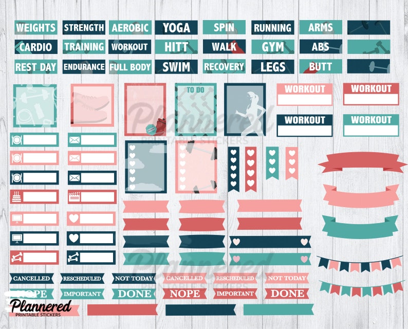 May include: A set of printable stickers for a planner or journal. The stickers are in various colours, including pink, blue, and green. The stickers feature words like "weights", "cardio", "yoga", "spin", "running", "gym", "workout", "cancelled", "rescheduled", "not today", "done", "nope", and "important".