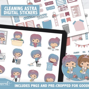 Astra Cleaning Digital Stickers - Astra stickers - White Girl stickers, digital chores character sticker, ipad set vacuum, cleaning, mop