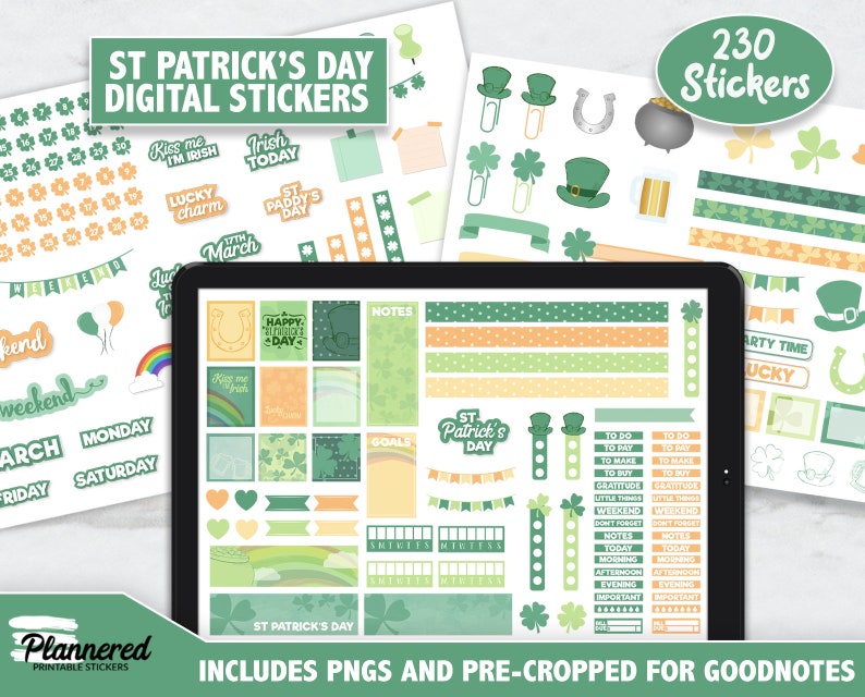 St Patrick's Day Digital Stickers, St Paddy's Digital Goodnotes Stickers, 230 stickers for saint paddy's day, precropped goodnotes stickers image 1