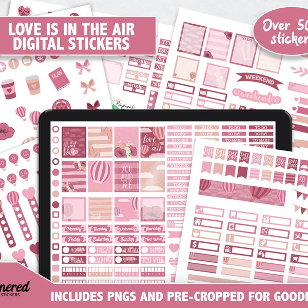 Romantic Digital Stickers, 500+ digital Precropped goodnotes stickers, pink hot air balloon digital stickers, st valentine's day stickers