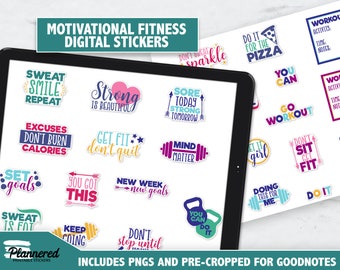 May include: A digital sticker set for Goodnotes featuring motivational fitness quotes and illustrations. The stickers are colorful and feature a variety of designs, including dumbbells, pizza slices, and arrows. The text includes phrases like "Sweat is fat crying", "You got this", and "Don't quit".