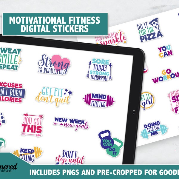 Fitness Quote Digital Stickers, Precropped goodnotes fitness stickers, colorful weightloss digital stickers, 37 fitness digital sticker pngs