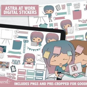 Work Astra Digital Stickers, Girl at Work, Girl boss character digital stickers - Astra set - White Astra stickers, Precropped for Goodnotes