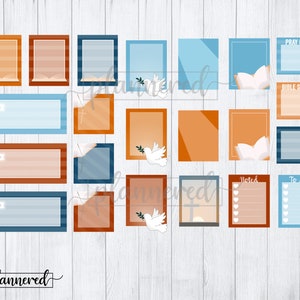 May include: A set of printable digital planner stickers featuring a religious theme. The stickers include crosses, doves, open books, and text that says "Pray For", "Bible Study", "Noted", "To Do", and "Planned".