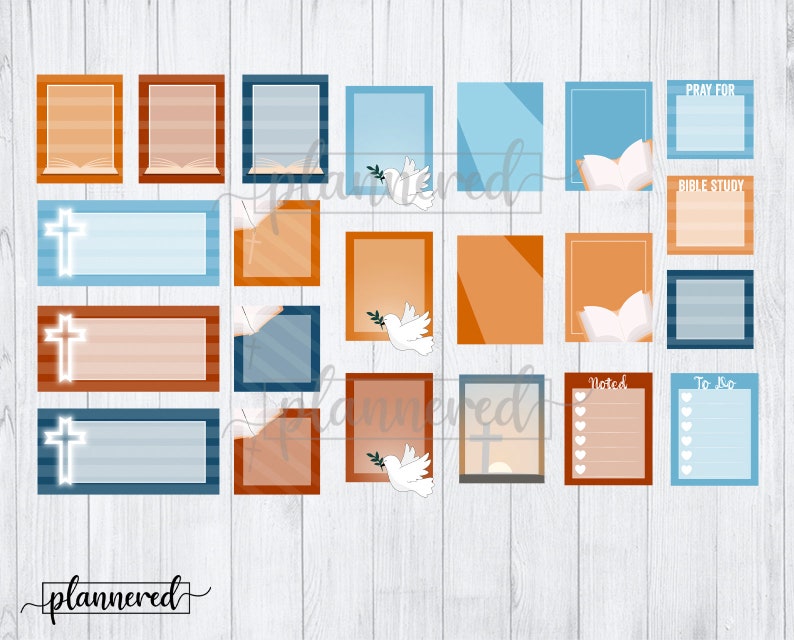 May include: A set of printable digital planner stickers featuring a religious theme. The stickers include crosses, doves, open books, and text that says "Pray For", "Bible Study", "Noted", "To Do", and "Planned".