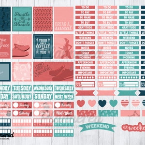May include: A set of printable planner stickers with a fitness theme. The stickers are in pink, teal, and navy blue colours and feature motivational quotes, days of the week, and other planner essentials.