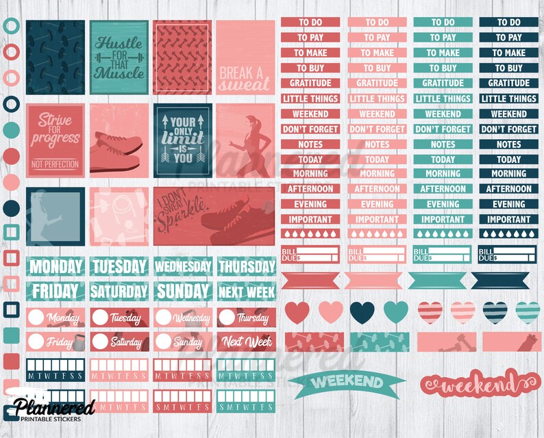 May include: A set of printable planner stickers with a fitness theme. The stickers are in pink, teal, and navy blue colours and feature motivational quotes, days of the week, and other planner essentials.
