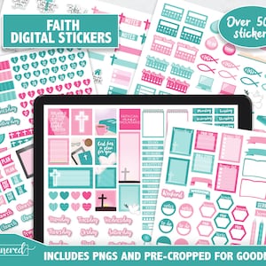 May include: Over 500 digital stickers for Goodnotes featuring a faith theme. The stickers are in pink, teal, and white with various designs including crosses, doves, fish, and bible verses. The text "FAITH DIGITAL STICKERS" is in a teal banner at the top of the image.
