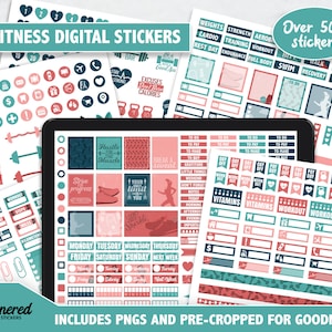 May include: A digital sticker set for fitness and wellness planning. The stickers feature a variety of designs, including dumbbells, running shoes, hearts, and motivational quotes. The stickers are in pink, blue, and white colours. The text "Over 500 stickers" is visible in the top right corner of the image.