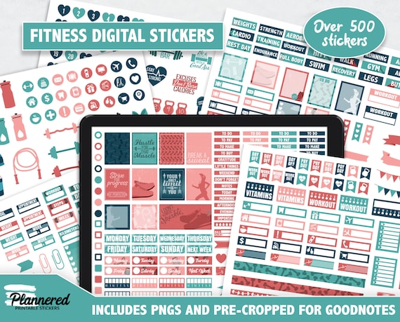Digital Fitness Stickers, 500 fitness digital stickers, Precropped goodnotes stickers for weight loss, workout digital PNG stickers set
