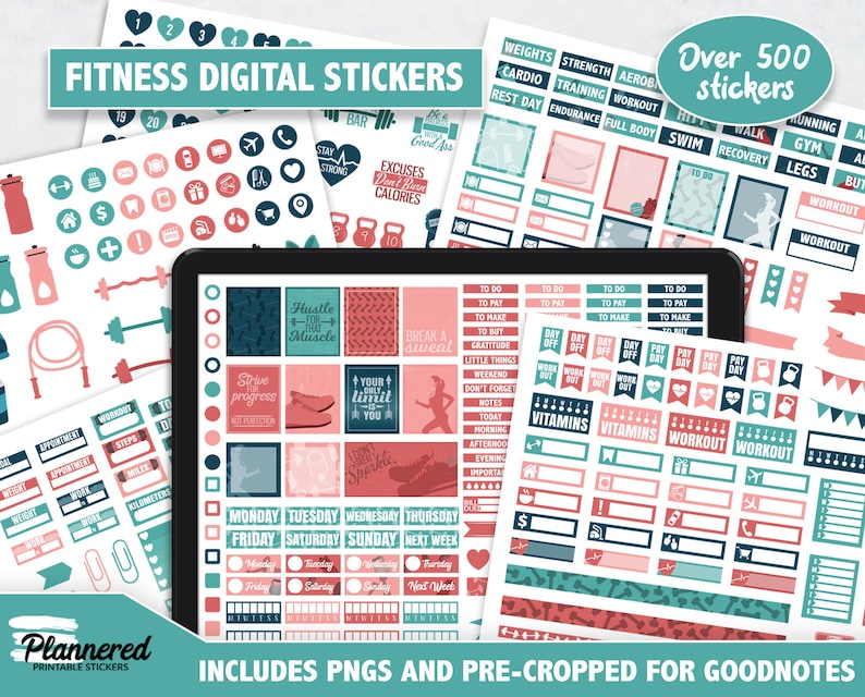 May include: A digital sticker set for fitness and wellness planning. The stickers feature a variety of designs, including dumbbells, running shoes, hearts, and motivational quotes. The stickers are in pink, blue, and white colours. The text "Over 500 stickers" is visible in the top right corner of the image.