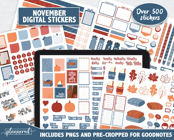 November Digital Stickers, 500+ digital November 2021-2022 goodnotes stickers, Precropped goodnotes, Cozy Fall digital planner stickers
