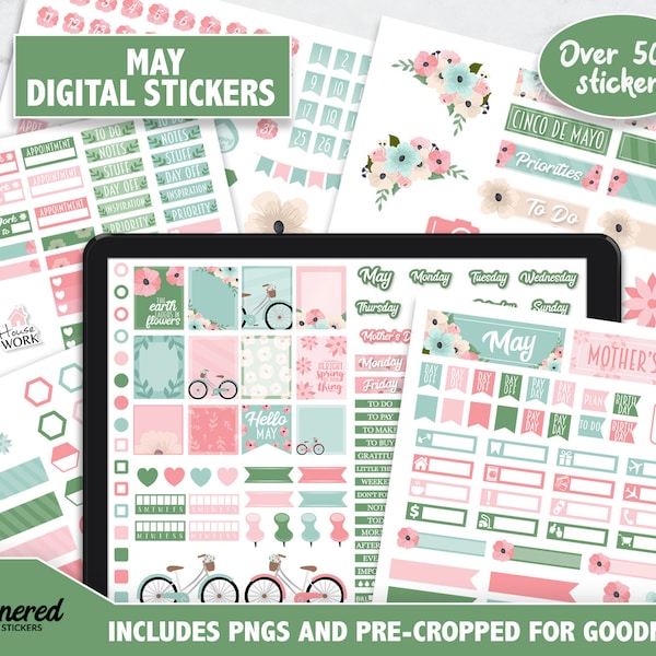 May Digital Stickers, 500 may monthly digital stickers, Precropped goodnotes stickers for may, spring time digital stickers goodnotes set