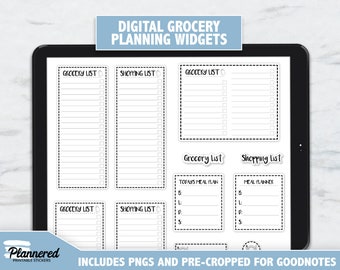 May include: A digital tablet screen displaying a set of printable digital grocery planning widgets. The widgets include grocery lists, shopping lists, and meal planners. The widgets are designed for use with Goodnotes.