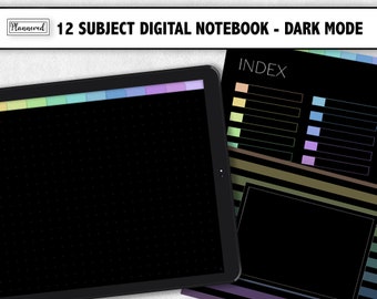 Digital Notebook, Dark Mode 12 Subject Digital Notebook for ipad, dotted digital notebook, twelve subject black paper digital notebook