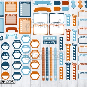 May include: A set of printable planner stickers with a religious theme. The stickers are in blue, orange, and white with various shapes and sizes. The stickers include text such as "Pray", "Sermon", "Bible Study", "To Do", and "Weekend".