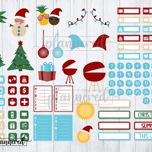 Puede incluir: Un conjunto de pegatinas digitales para planificadores coloridas con temas navide&ntilde;os, de verano y cotidianos. Las pegatinas incluyen un mu&ntilde;eco de nieve, un &aacute;rbol de Navidad, una parrilla, un sol, una palmera, una pi&ntilde;a, un calendario y m&aacute;s.