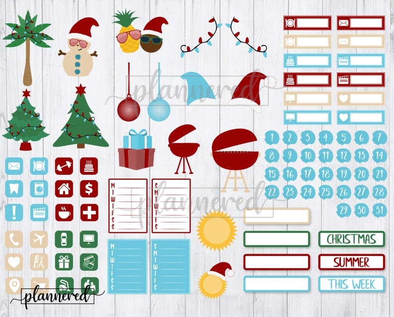 Puede incluir: Un conjunto de pegatinas digitales para planificadores coloridas con temas navide&ntilde;os, de verano y cotidianos. Las pegatinas incluyen un mu&ntilde;eco de nieve, un &aacute;rbol de Navidad, una parrilla, un sol, una palmera, una pi&ntilde;a, un calendario y m&aacute;s.