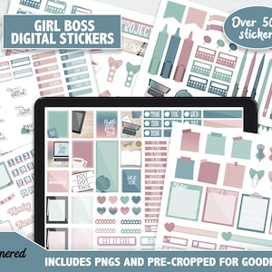 Girl Boss Digital Stickers, 500+ work digital sticker set, Precropped goodnotes stickers for working, schedule, digital girl boss stickers