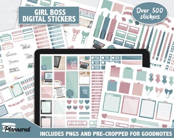 Girl Boss Digital Stickers, 500+ work digital sticker set, Precropped goodnotes stickers for working, schedule, digital girl boss stickers