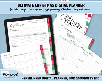 Puede incluir: Un planificador digital de Navidad con un esquema de color verde y rojo. El planificador incluye páginas para presupuestar, planificar regalos y un menú navideño. El texto "The Christmas Planner" está en la parte superior de la página.