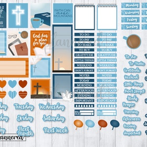 May include: A set of printable planner stickers with a Christian theme. The stickers are in shades of blue, orange, and white. The stickers feature crosses, doves, and inspirational quotes. The stickers are perfect for adding a touch of faith to your planner.