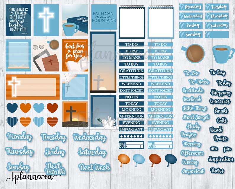 May include: A set of printable planner stickers with a Christian theme. The stickers are in shades of blue, orange, and white. The stickers feature crosses, doves, and inspirational quotes. The stickers are perfect for adding a touch of faith to your planner.