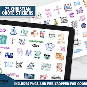 May include: 75 Christian quote stickers for Goodnotes. The stickers are colorful and feature various inspirational quotes and designs. The stickers are pre-cropped for Goodnotes.