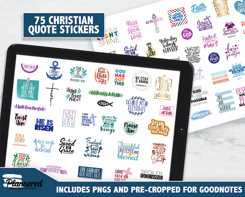 May include: 75 Christian quote stickers for Goodnotes. The stickers are colorful and feature various inspirational quotes and designs. The stickers are pre-cropped for Goodnotes.