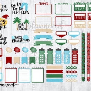 Puede incluir: Un conjunto de pegatinas digitales para planificadores coloridas con temas de verano, Navidad y seguimiento de h&aacute;bitos. Las pegatinas incluyen texto como "It is the sea-son", "fa la la la FLIP FLOPS", "Sunny and bright", "Deck the palms", "Baby it's warm outside", "Merry Christmas", "Summer", "Christmas", "Habit Tracker" y "Hydrate".