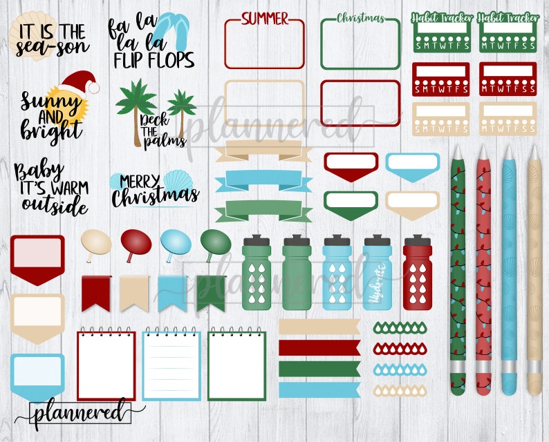 Puede incluir: Un conjunto de pegatinas digitales para planificadores coloridas con temas de verano, Navidad y seguimiento de h&aacute;bitos. Las pegatinas incluyen texto como "It is the sea-son", "fa la la la FLIP FLOPS", "Sunny and bright", "Deck the palms", "Baby it's warm outside", "Merry Christmas", "Summer", "Christmas", "Habit Tracker" y "Hydrate".