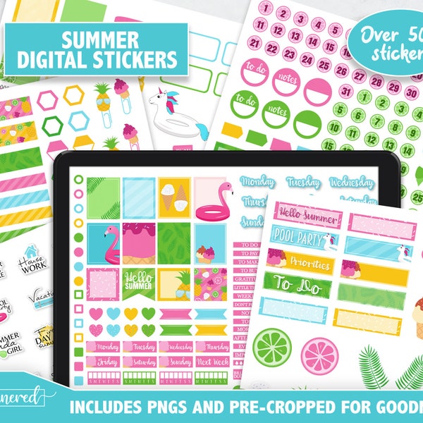 Summer Digital Stickers, 500+ Bright summer stickers for ipad, tablet, Precropped goodnotes stickers for summer party, colorful png stickers