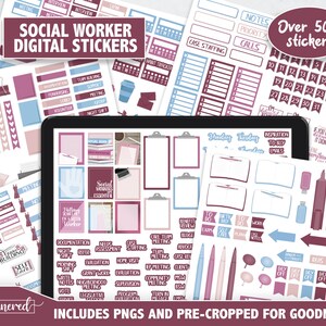May include: Over 500 digital stickers for social workers. The stickers are in pink, blue, and white with a variety of designs, including a coffee cup, a clipboard, and a heart. The stickers are pre-cropped for Goodnotes.