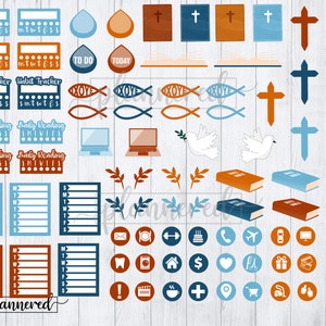 May include: A set of digital planner stickers featuring a variety of religious and everyday icons. The stickers are in blue, orange, and white colours and include crosses, doves, fish, and other symbols. The text "TO DO" and "TODAY" are also included.