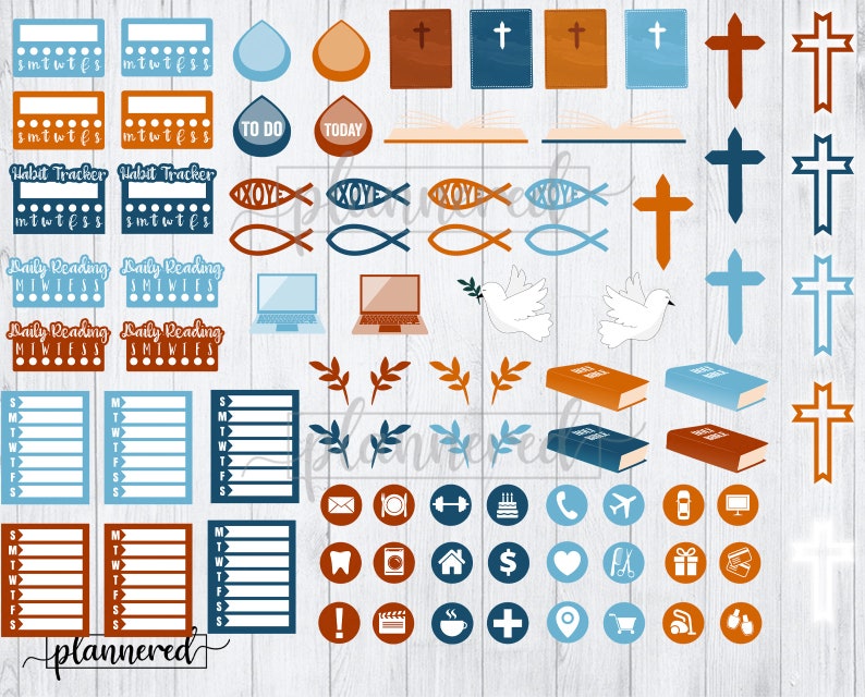 May include: A set of digital planner stickers featuring a variety of religious and everyday icons. The stickers are in blue, orange, and white colours and include crosses, doves, fish, and other symbols. The text "TO DO" and "TODAY" are also included.