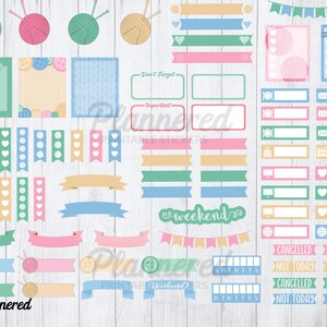 May include: A set of printable planner stickers featuring a yarn and knitting theme. The stickers include various shapes, sizes, and colors, including pink, blue, green, and yellow. The stickers feature text such as "Don't Forget", "Important", "Weekend", "Cancelled", "Rescheduled", "Not Today", and "Important".
