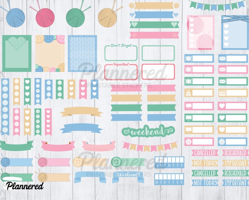 May include: A set of printable planner stickers featuring a yarn and knitting theme. The stickers include various shapes, sizes, and colors, including pink, blue, green, and yellow. The stickers feature text such as "Don't Forget", "Important", "Weekend", "Cancelled", "Rescheduled", "Not Today", and "Important".
