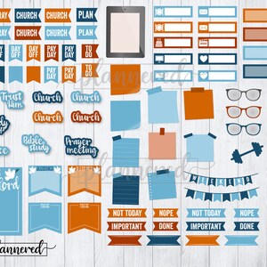 May include: A set of digital planner stickers featuring various religious and inspirational phrases, including "Pray More", "Trust Him", "Church", "Bible Study", "Prayer Meeting", and "Trust in the Lord". The stickers are in a blue, orange, and white colour scheme and are perfect for adding a personal touch to your digital planner.
