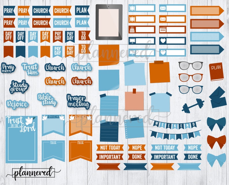May include: A set of digital planner stickers featuring various religious and inspirational phrases, including "Pray More", "Trust Him", "Church", "Bible Study", "Prayer Meeting", and "Trust in the Lord". The stickers are in a blue, orange, and white colour scheme and are perfect for adding a personal touch to your digital planner.