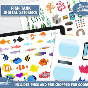 May include: Digital stickers for creating a fish tank scene. Includes a variety of colorful fish, plants, rocks, and other accessories.  The stickers are pre-cropped for use with Goodnotes.