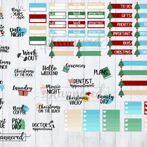 Puede incluir: Un conjunto de pegatinas de planificador imprimibles con tem&aacute;tica navide&ntilde;a con varios dise&ntilde;os, que incluyen &aacute;rboles de Navidad, regalos y texto como "Christmas Shopping", "Christmas Lunch", "Work Out", "Christmas by the Pool", "Movie Night", "Christmas Vacay", "Family Day", "Need Coffee", "Christmas on the Beach", "Doctor's Appointment", "Payment Due", "Pay Day", "Trash Day", "House Work", "Laundry", "Hello Weekend", "Groceries", "Plans", "Dentist Appointment", "To Do", "Gifts", "Priority", "Important", "Ideas", y "Christmas".