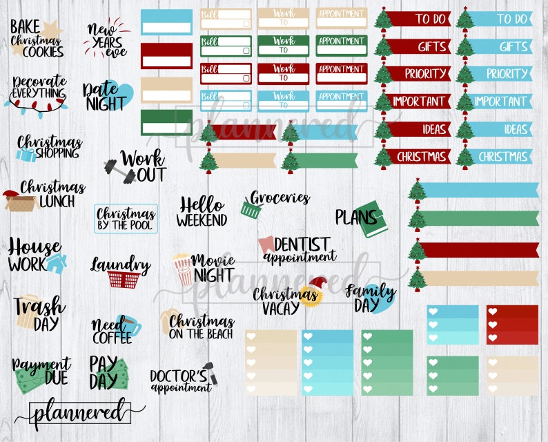 Puede incluir: Un conjunto de pegatinas de planificador imprimibles con tem&aacute;tica navide&ntilde;a con varios dise&ntilde;os, que incluyen &aacute;rboles de Navidad, regalos y texto como "Christmas Shopping", "Christmas Lunch", "Work Out", "Christmas by the Pool", "Movie Night", "Christmas Vacay", "Family Day", "Need Coffee", "Christmas on the Beach", "Doctor's Appointment", "Payment Due", "Pay Day", "Trash Day", "House Work", "Laundry", "Hello Weekend", "Groceries", "Plans", "Dentist Appointment", "To Do", "Gifts", "Priority", "Important", "Ideas", y "Christmas".