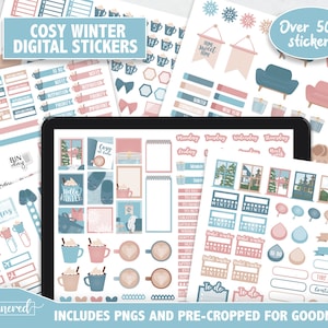 May include: A digital sticker set with over 500 stickers featuring a cozy winter theme. The stickers include illustrations of hot chocolate, winter scenes, and home decor. The stickers are pre-cropped for Goodnotes.